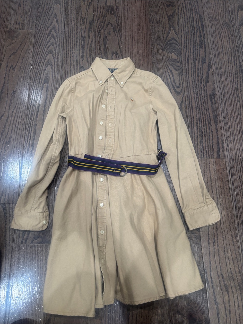 Ralph Lauren Tan Button-Front Shirt Dress with Navy & Yellow Stripe Belt